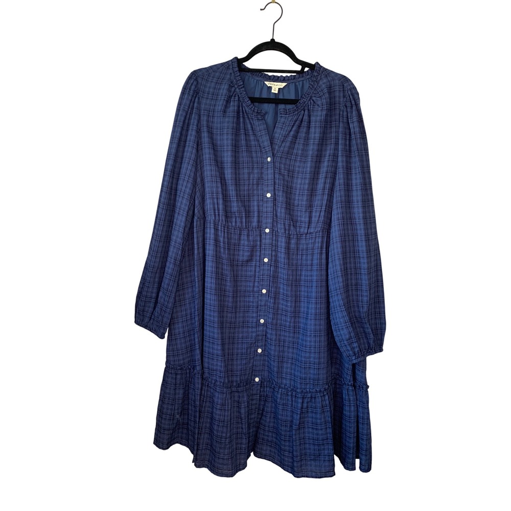 Frye and Co Women's 2X‎ Blue Plaid Tiered Button Front Long Sleeve Casual